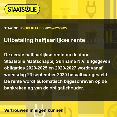 Staatsolie Uitbetaling halfjaarlijkse rente Staatsolieobligaties